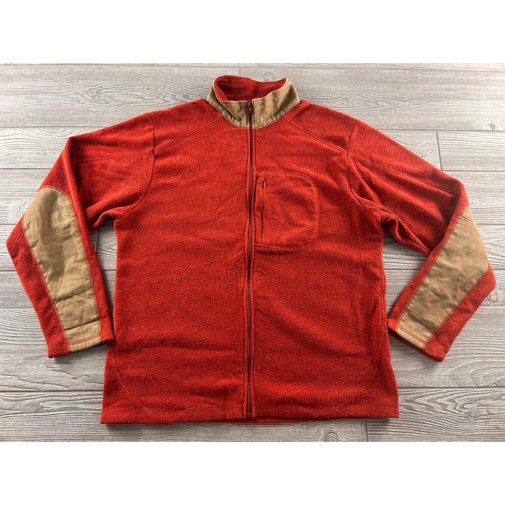 KAVU Mens Full Zip Fleece Jacket Burnt Orange Red Corduroy Trim Elbow Patches L